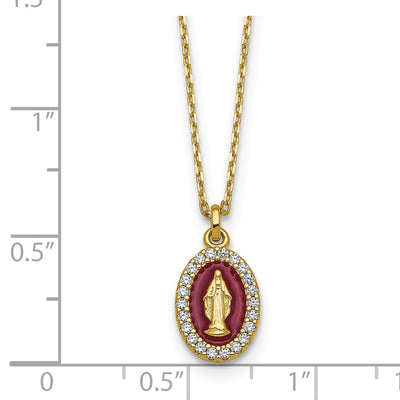 Sterling Silver Gold-plated CZ and Red Enamel Miraculous Medal with extender Necklace