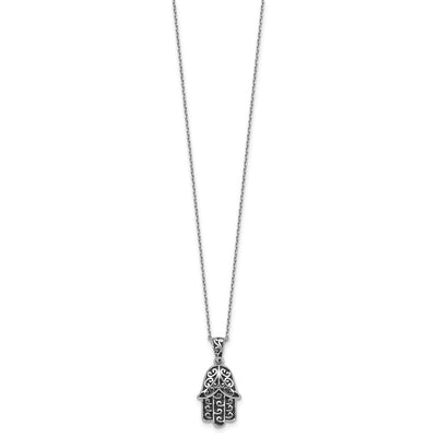 Sterling Silver Rhodium-plated Polished and Oxidized Filigree Hamsa Necklace