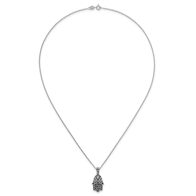 Sterling Silver Rhodium-plated Polished and Oxidized Filigree Hamsa Necklace