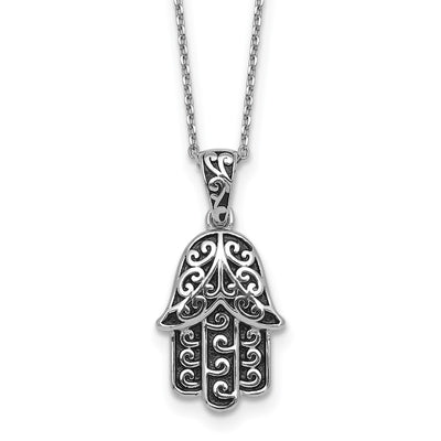 Sterling Silver Rhodium-plated Polished and Oxidized Filigree Hamsa Necklace