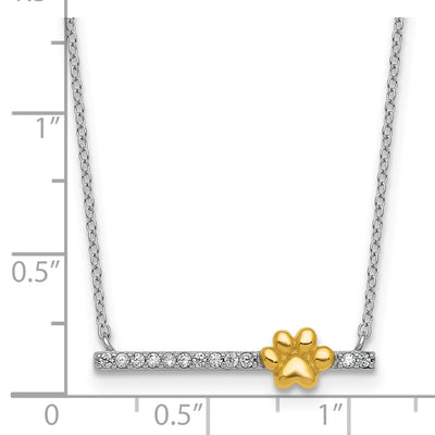 Sterling Silver Rhodium-plated and Gold-tone Polished CZ Pawprint Bar with Extension Necklace