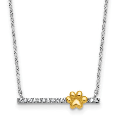 Sterling Silver Rhodium-plated and Gold-tone Polished CZ Pawprint Bar with Extension Necklace