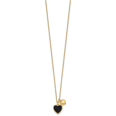 Sterling Silver Gold-tone Polished Onyx and CZ Hearts with Extension Children's Necklace