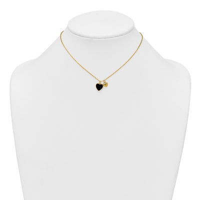 Sterling Silver Gold-tone Polished Onyx and CZ Hearts with Extension Children's Necklace