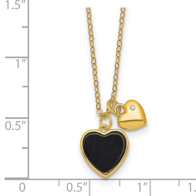 Sterling Silver Gold-tone Polished Onyx and CZ Hearts with Extension Children's Necklace