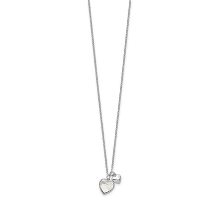 Sterling Silver Rhodium-plated Polished Mother of Pearl and CZ Hearts with Extension Children's Necklace