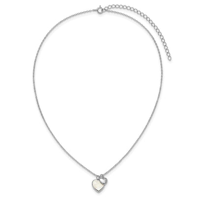 Sterling Silver Rhodium-plated Polished Mother of Pearl and CZ Hearts with Extension Children's Necklace