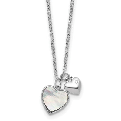 Sterling Silver Rhodium-plated Polished Mother of Pearl and CZ Hearts with Extension Children's Necklace