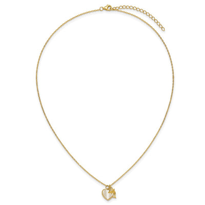 Sterling Silver Gold-tone Polished Mother of Pearl and CZ Heart and Dolphin with Extension Necklace