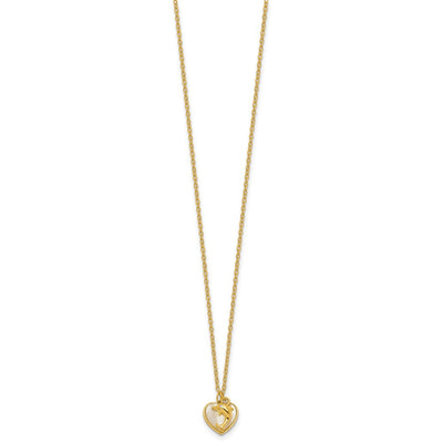 Sterling Silver Gold-tone Polished Mother of Pearl and CZ Heart and Dolphin with Extension Necklace