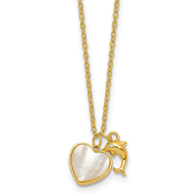 Sterling Silver Gold-tone Polished Mother of Pearl and CZ Heart and Dolphin with Extension Necklace