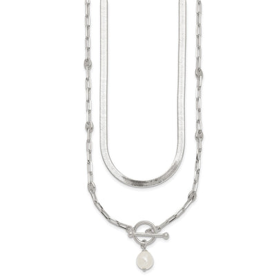 Sterling Silver Polished Baroque White Crystal Pearl Multi-strand with Extension Necklace