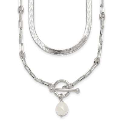 Sterling Silver Polished Baroque White Crystal Pearl Multi-strand with Extension Necklace