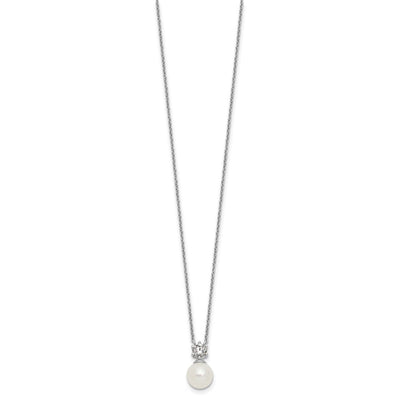 Sterling Silver Rhodium-plated Polished CZ and Shell Pearl with Extender Necklace
