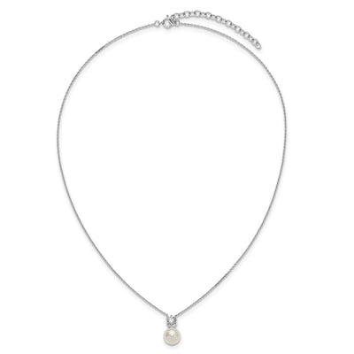Sterling Silver Rhodium-plated Polished CZ and Shell Pearl with Extender Necklace