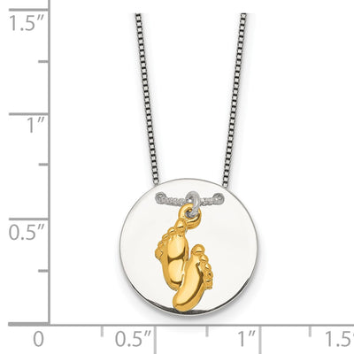 Sterling Silver with Gold-tone Polished Footprint Dangle on Disc Necklace