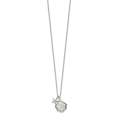 Sterling Silver Rhodium-plated Polished Mother of Pearl Shell and CZ Starfish with Extension Necklace