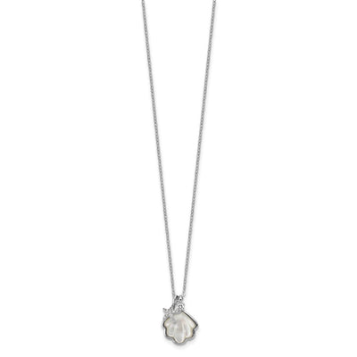 Sterling Silver Rhodium-plated Polished Mother of Pearl Shell and CZ Starfish with Extension Necklace
