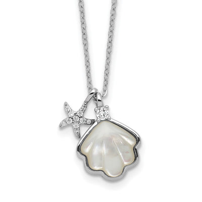 Sterling Silver Rhodium-plated Polished Mother of Pearl Shell and CZ Starfish with Extension Necklace