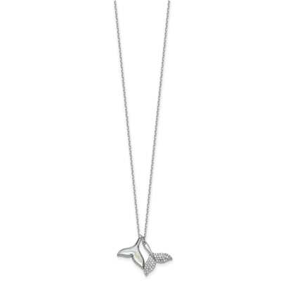 Sterling Silver Rhodium-plated Polished Mother of Pearl and CZ Whale Tails with Extension Necklace