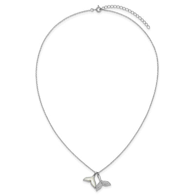 Sterling Silver Rhodium-plated Polished Mother of Pearl and CZ Whale Tails with Extension Necklace
