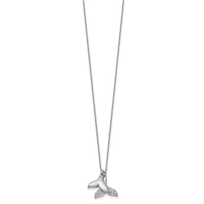 Sterling Silver Rhodium-plated Polished Mother of Pearl and CZ Whale Tails with Extension Necklace