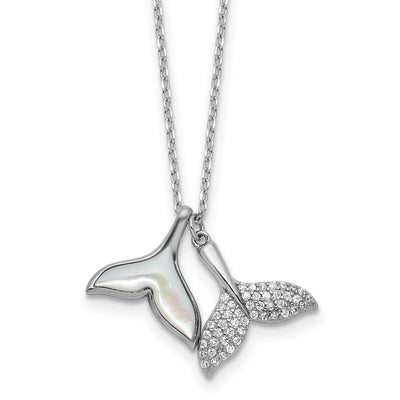 Sterling Silver Rhodium-plated Polished Mother of Pearl and CZ Whale Tails with Extension Necklace