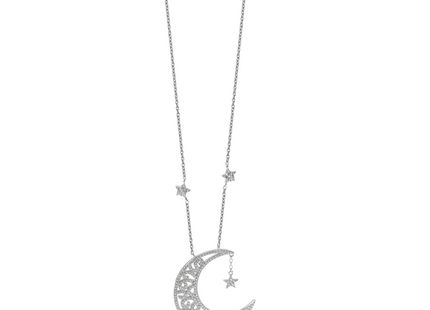 Sterling Silver Rhodium-plated Polished CZ Filigree Moon and Stars Necklace