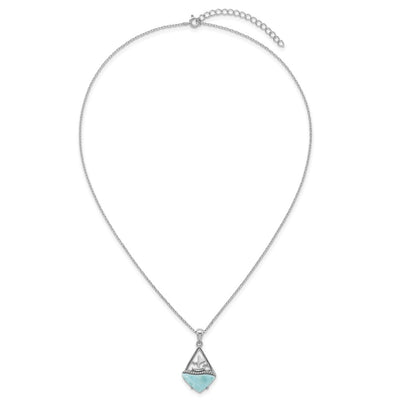 Sterling Silver Rhodium-plated Polished and Beaded Larimar Sailboat with Extension Necklace