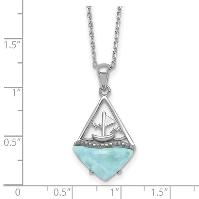 Sterling Silver Rhodium-plated Polished and Beaded Larimar Sailboat with Extension Necklace