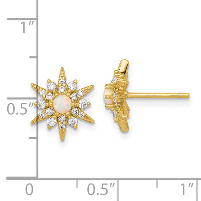 Sterling Silver Gold-Tone Polished Lab Created Opal and CZ Starburst Post Earrings