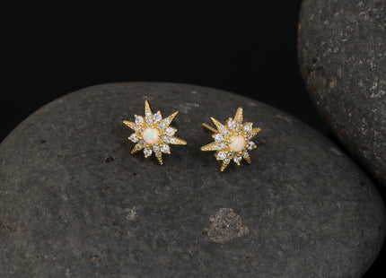 Sterling Silver Gold-Tone Polished Lab Created Opal and CZ Starburst Post Earrings