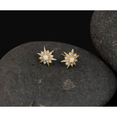 Sterling Silver Gold-Tone Polished Lab Created Opal and CZ Starburst Post Earrings