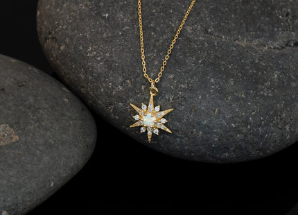 Sterling Silver Gold-Tone Polished Lab Created Opal and CZ Starburst with Extension Necklace
