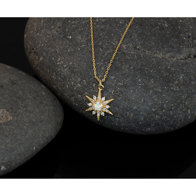 Sterling Silver Gold-Tone Polished Lab Created Opal and CZ Starburst with Extension Necklace
