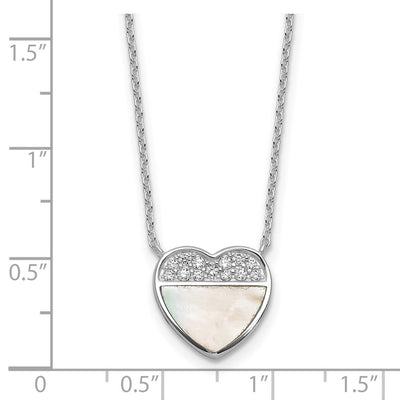 Sterling Silver Rhodium-plated Polished Mother of Pearl and CZ Heart with Extender Necklace