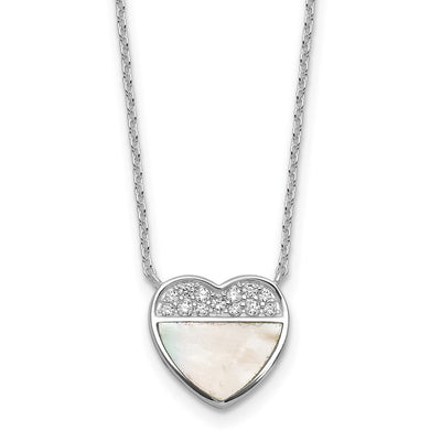 Sterling Silver Rhodium-plated Polished Mother of Pearl and CZ Heart with Extender Necklace
