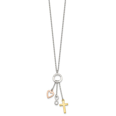 Sterling Silver Infinity and Gold-tone Cross and Rose-tone Heart BLESSED Circle Necklace
