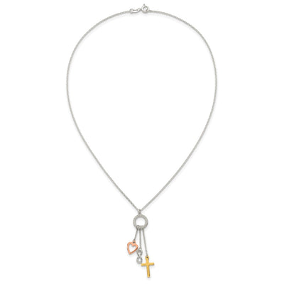 Sterling Silver Infinity and Gold-tone Cross and Rose-tone Heart BLESSED Circle Necklace