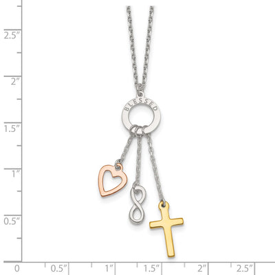 Sterling Silver Infinity and Gold-tone Cross and Rose-tone Heart BLESSED Circle Necklace