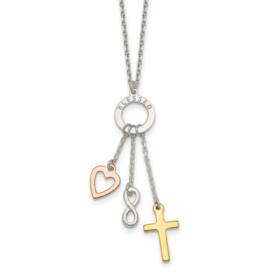 Sterling Silver Infinity and Gold-tone Cross and Rose-tone Heart BLESSED Circle Necklace