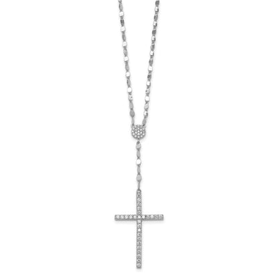 Sterling Silver Rhodium-plated Polished Fancy CZ Latin Cross with Extension Necklace