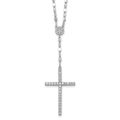 Sterling Silver Rhodium-plated Polished Fancy CZ Latin Cross with Extension Necklace