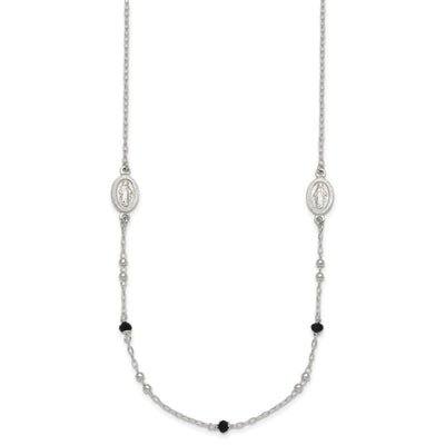 Sterling Silver Polished Textured Spanish Miraculous Medals with Black Glass Beads Necklace