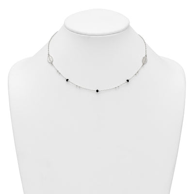 Sterling Silver Polished Textured Spanish Miraculous Medals with Black Glass Beads Necklace