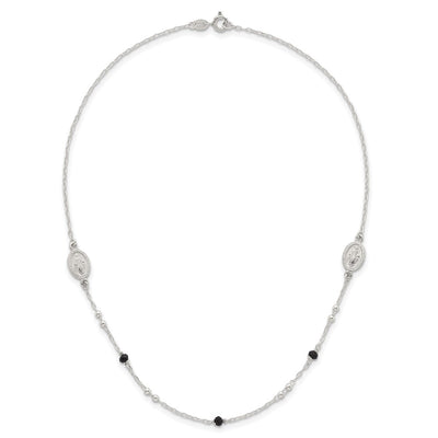 Sterling Silver Polished Textured Spanish Miraculous Medals with Black Glass Beads Necklace