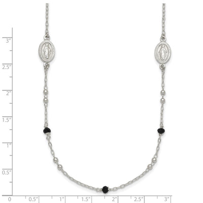 Sterling Silver Polished Textured Spanish Miraculous Medals with Black Glass Beads Necklace