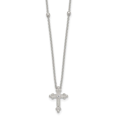 Sterling Silver Polished and Beaded White CZ Budded Cross with Extension Necklace