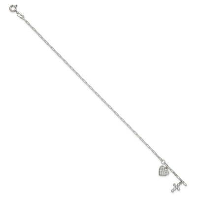 Sterling Silver Polished White CZ Heart and Cross Charms with Extension Bracelet