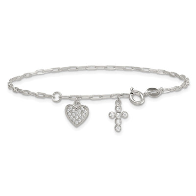 Sterling Silver Polished White CZ Heart and Cross Charms with Extension Bracelet